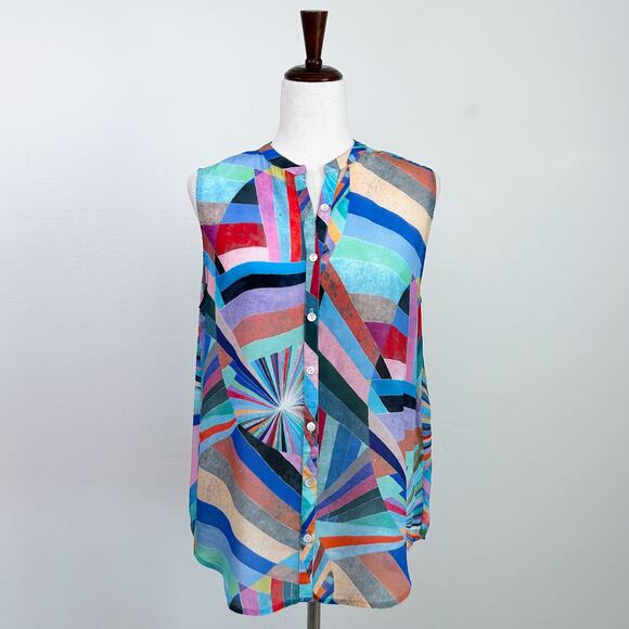 AP.NY Sleeveless Colorful Button-Up Cupro Top - Picture 1 of 10